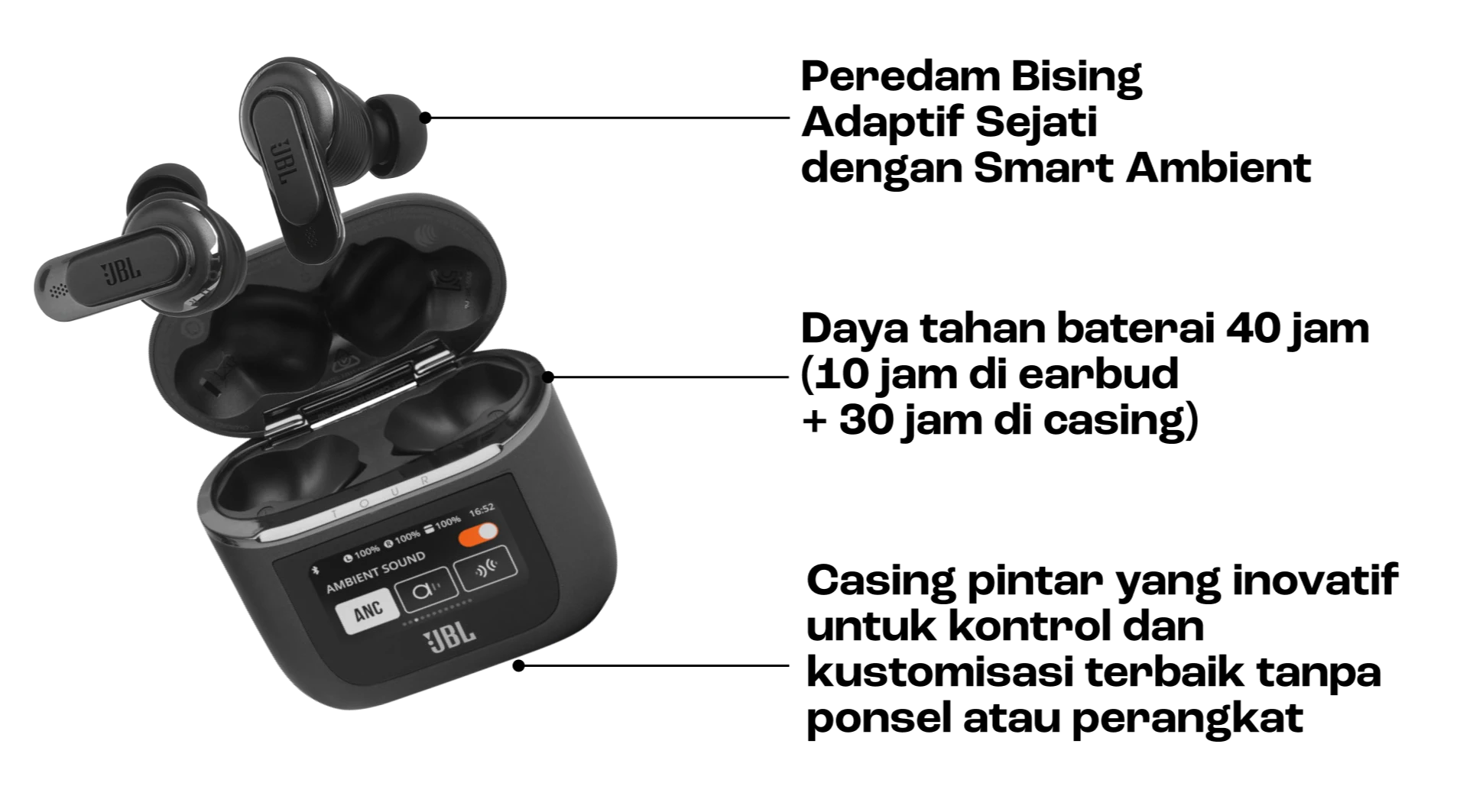 JBL Tour Pro 2 dengan peredam bising adaptif, baterai 40 jam, dan smart case