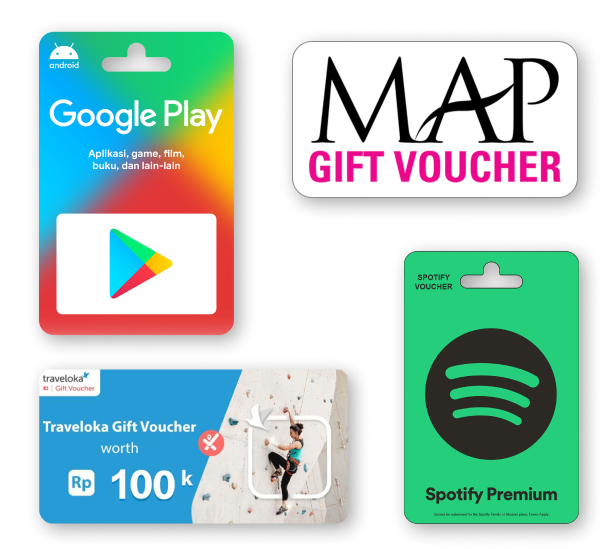Google Play, MAP, Traveloka and Spotify vouchers