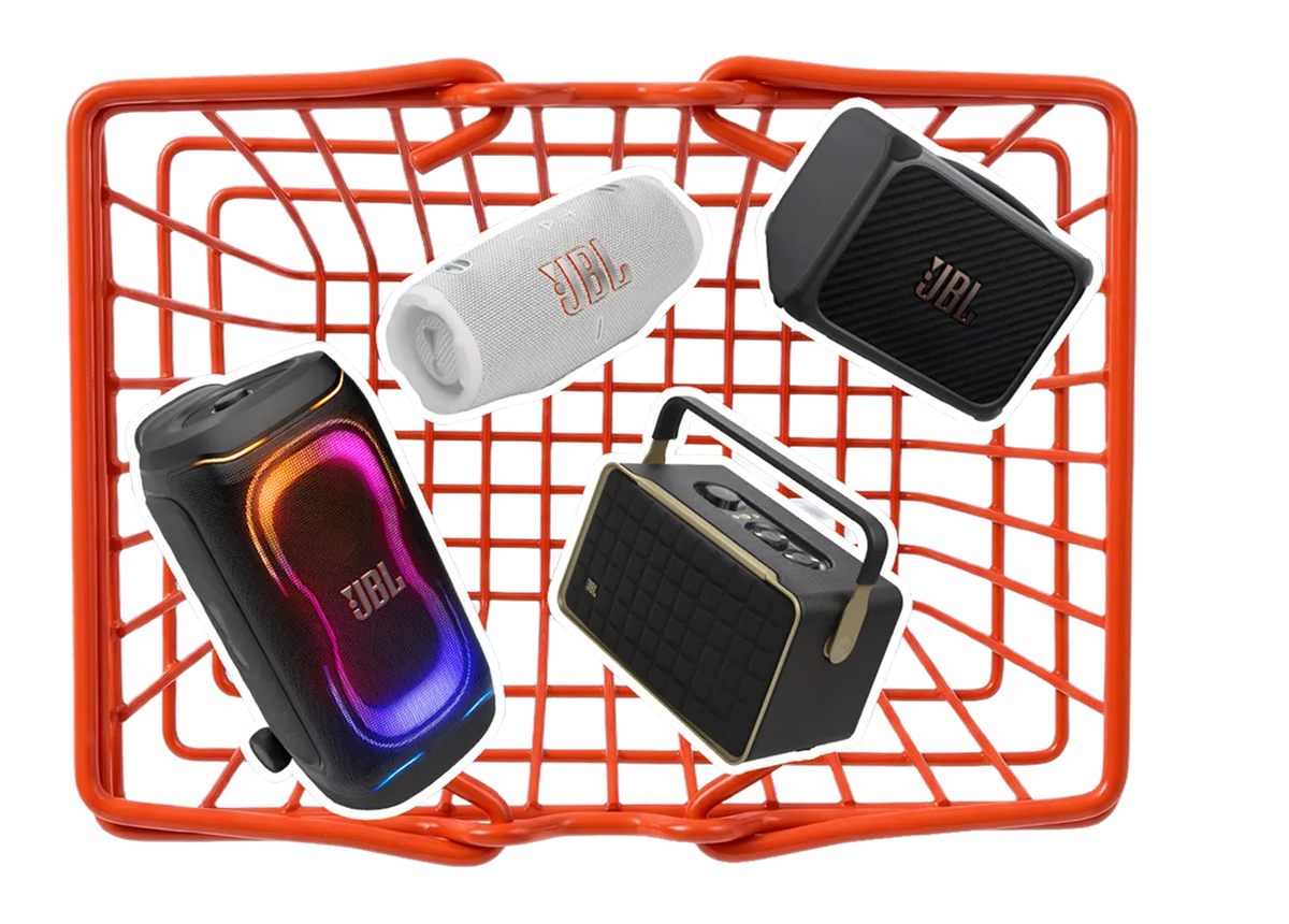Keranjang belanja berisi speaker JBL PartyBox, Charge, Authentics, dan Go
