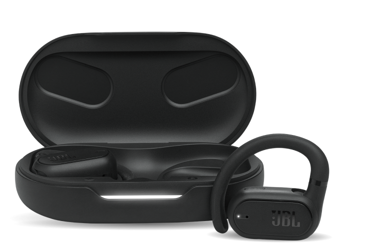 Black JBL Soundgear Sense with open charging case